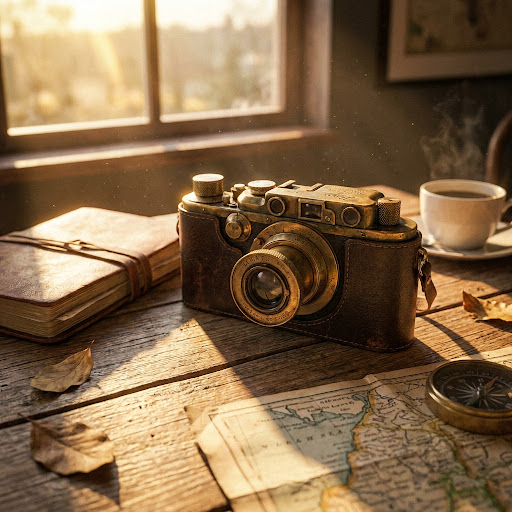 A vintage camera resting on a wooden table.