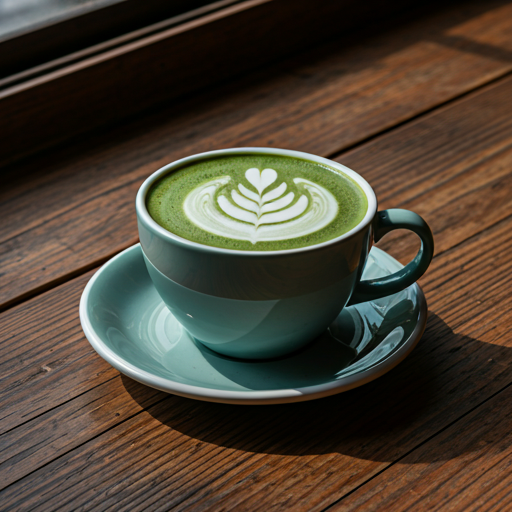 A close-up polaroid style photo of a steaming cup of matcha latte.